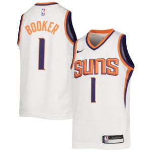Kinder Nike Devin Booker Weiß Phoenix Suns Trikot 202021 Swingman – Association Edition